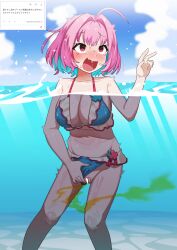 Rule 34 | 1girl, absurdres, ahoge, bikini, blue bikini, blue sky, blush, breasts, censored, clothing aside, cloud, day, highres, idolmaster, idolmaster cinderella girls, large breasts, multicolored hair, open mouth, outdoors, patekuraa (user wgfh4424), pee, peeing, pink hair, pussy, request inset, sky, solo, swimsuit, two-tone hair, underwater, yumemi riamu