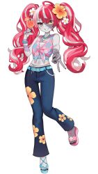 Rule 34 | 1girl, :d, ahoge, artist request, asymmetrical footwear, bare arms, bead bracelet, beads, bell-bottoms, belt, black nails, blue belt, blue pants, blunt ends, bracelet, colored skin, commentary, cup, denim, diamond-shaped pupils, diamond (shape), drink, english commentary, floral print shirt, flower, front-tie top, full body, gradient eyes, green eyes, grey hair, grey skin, grin, hair flower, hair ornament, heterochromia, highres, holding, holding cup, holding drink, hololive, hololive indonesia, jeans, jewelry, kureiji ollie, long hair, looking at viewer, midriff, mismatched footwear, mismatched pupils, multicolored eyes, multicolored hair, multicolored skin, nail polish, navel, necklace, official alternate costume, official alternate hairstyle, open mouth, pants, patchwork skin, pink hair, pink shirt, red eyes, red hair, sandals, second-party source, shirt, sleeveless, sleeveless shirt, smile, solo, stitched arm, stitched face, stitches, symbol-shaped pupils, tied shirt, twintails, two-tone skin, very long hair, virtual youtuber, white background, white hair, white skin, x-shaped pupils, yellow eyes, zombie