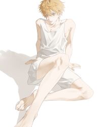 1boy absurdres arm_support bare_legs bare_shoulders barefoot blonde_hair chinese_commentary collarbone eyelashes feet full_body hair_between_eyes highres huang_shaotian knee_up looking_at_viewer male_focus mingqiuren pectoral_cleavage pectorals quan_zhi_gao_shou shadow short_hair shorts simple_background sitting solo tank_top toes white_background white_shorts white_tank_top yellow_eyes