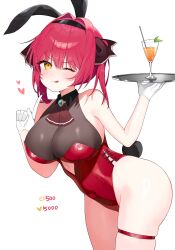 1girl ;q absurdres animal_ears ascot black_gloves black_hairband breasts cocktail cocktail_glass cup drink drinking_glass fake_animal_ears fake_tail gloves hairband heart highres holding holding_tray hololive houshou_marine index_finger_raised large_breasts leotard one_eye_closed playboy_bunny rabbit_ears rabbit_tail red_ascot red_hair red_leotard simple_background solo tail taro_(303_taroo) tongue tongue_out tray virtual_youtuber white_background yellow_eyes