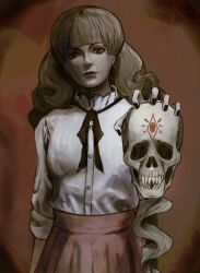 Rule 34 | 1girl, absurdres, black nails, black ribbon, blunt bangs, brown hair, closed mouth, commentary, english commentary, face piercing, fear &amp; hunger (series), fear &amp; hunger 2: termina, frilled shirt collar, frills, highres, holding, holding skull, lips, long hair, looking at viewer, marina (fear &amp; hunger), mouth piercing, neck ribbon, nudlasior, piercing, pink skirt, red background, ribbon, shirt, shirt tucked in, skirt, skull, solo, upper body, white shirt