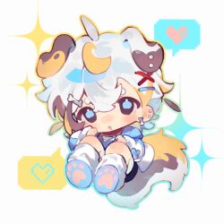 Rule 34 | 1boy, animal ears, blue eyes, chibi, commentary request, dog boy, dog ears, dog tail, full body, highres, looking at viewer, male focus, original, paki2000, paw print soles, shirt, short hair, solo, tail, white hair