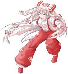 1girl alphes_(style) baggy_pants bow collared_shirt dairi dilated_pupils flat_chest fujiwara_no_mokou full_body grin hair_bow long_hair long_sleeves looking_at_viewer multiple_hair_bows ofuda ofuda_on_clothes pants parody red_bow red_eyes red_pants red_shoes red_suspenders red_trim shirt shoes smile solo style_parody suspenders tachi-e touhou transparent_background two-tone_bow very_long_hair white_bow white_hair white_shirt