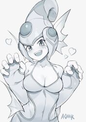 1girl aomoro bare_shoulders breasts claw_pose digimon digimon_(creature) eyelashes fins greyscale head_fins heart highres large_breasts monochrome one-piece_swimsuit ranamon simple_background solo swimsuit upper_body white_background