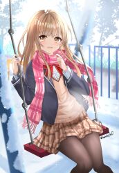1girl absurdres asamicchi17 black_jacket black_pantyhose blush bow brown_eyes brown_hair checkered_clothes checkered_skirt highres jacket long_hair long_sleeves on_swing open_mouth otonari_no_tenshi-sama_ni_itsu_no_mani_ka_dame_ningen_ni_sarete_ita_ken outdoors over-kneehighs pantyhose red_bow red_scarf scarf school_uniform shiina_mahiru_(otonari_no_tenshi-sama) skirt smile swing thighhighs tree twitter_username