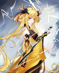 Rule 34 | 1girl, arknights, bare shoulders, blonde hair, brown horns, chatillon eren, chinese commentary, closed mouth, commentary, dress, earrings, electricity, gloves, highres, holding, holding sword, holding weapon, horns, jewelry, leizi (arknights), leizi the thunderbringer (arknights), long hair, looking at viewer, neck tassel, pointy ears, purple eyes, solo, standing, sword, tassel, very long hair, weapon, white gloves, wide sleeves, yellow dress