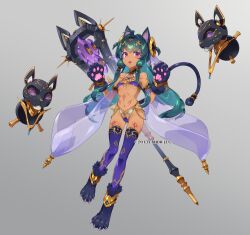 Rule 34 | 1girl, animal ears, animal hands, bikini, body markings, breasts, cat ears, character request, commentary request, dark-skinned female, dark skin, familiar, full body, gloves, green hair, long hair, looking at viewer, navel, official art, paw gloves, paw shoes, purple eyes, sennen sensou aigis, small breasts, smile, solo, staff, swimsuit, thighhighs, tomonao