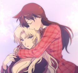 2girls akiyoshi_(tama-pete) arms_around_neck blonde_hair blue_eyes bow bowtie breasts brown_hair cleavage closed_eyes closed_mouth commentary_request dress earrings hug hug_from_behind jewelry large_breasts long_hair looking_at_another looking_to_the_side meitantei_conan mouri_ran multiple_girls parted_bangs parted_lips partial_commentary pink_dress pink_nails plaid_clothes plaid_dress red_bow red_bowtie stud_earrings vermouth_(meitantei_conan)