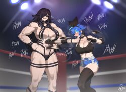 2girls abs ass ass_from_side bad_tag bare_shoulders black_choker black_hair blue_hair blush boxing breasts brown_eyes catfight choker cleavage clenched_hand dif_(difman) difman fishnets green_eyes height_difference highres large_breasts laughing long_bangs long_hair looking_at_another looking_down midriff motion_blur multiple_girls muscular muscular_female nervous_sweating obliques open_mouth original punching rapid_punches sharp_teeth short_hair short_shorts shorts sideboob size_difference smile smug sound_effects standing stomach_punch strong sweat tall_female teeth thick_arms thick_thighs thighhighs thighs underboob veins very_long_hair violence wrestling_outfit wrestling_ring