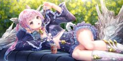 Rule 34 | 1girl, azumi nanaka, black shorts, black skirt, blue reflection (series), blue reflection sun, blurry, blurry background, boots, breasts, bush, choker, crop top, eating, food, french fries, frilled shorts, frilled skirt, frills, game cg, grey eyes, hair ornament, highres, holding, holding food, kishida mel, knee boots, long hair, lying, magical girl, midriff, non-web source, official art, on bench, on side, open mouth, outdoors, pink hair, red ribbon, ribbon, ribbon choker, shorts, sidelocks, skirt, small breasts, solo, tongue, tongue out, twintails, white boots, wide sleeves, wolf