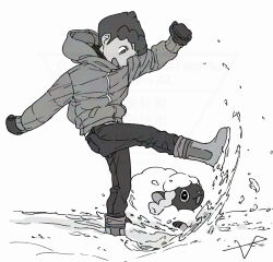 1boy :d boots commentary_request from_side gen_8_pokemon greyscale hood hood_down hooded_jacket hop_(pokemon) jacket kicking looking_down male_focus mittens monochrome nintendo open_mouth pants pokemon pokemon_(creature) pokemon_swsh sankaku short_hair smile snow standing standing_on_one_leg wooloo