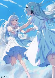 Rule 34 | black hairband, black ribbon, blue hair, cloud, cloudy sky, collar, dress, earrings, firefly (honkai: star rail), frilled dress, frills, grey hair, hair between eyes, hair intakes, hair ornament, hair ribbon, hairband, halo, head wings, highres, holding hands, honkai: star rail, honkai (series), jewel under eye, jewelry, long hair, neckerchief, open mouth, pink socks, qingsi, ribbon, robin (honkai: star rail), short sleeves, sky, smile, socks, star (symbol), teeth, upper teeth only, waist ribbon, white collar, white dress, white neckerchief, white ribbon, white wrist cuffs, wings, wrist cuffs