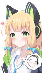 1girl absurdres animal_ear_headphones animal_ears aqua_bow aqua_necktie blonde_hair blue_archive blunt_bangs blush bow breasts cat_ear_headphones cat_ears chinese_commentary cleavage closed_mouth collarbone collared_shirt commentary_request doodle_sensei_(blue_archive) dot_nose fake_animal_ears green_jacket hair_bow headphones heart highres jacket kawtorikomi looking_at_viewer low-tied_sidelocks medium_hair midori_(blue_archive) multiple_hair_bows necktie no_halo nose_blush parted_bangs partially_unbuttoned school_uniform sensei_(blue_archive) shirt sidelocks simple_background smile sweat upper_body white_background white_shirt wing_collar