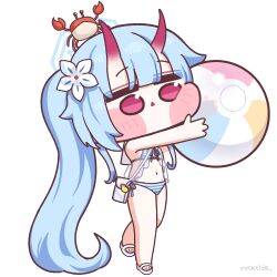animal animal_on_head bag ball beachball bikini blue_archive blue_bag blue_hair blue_halo camisole cheek_press chibi chise_(blue_archive) chise_(swimsuit)_(blue_archive) commission crab deformed flip-flops flower full_body gradient_horns hair_flower hair_ornament halo high_ponytail highres holding holding_ball holding_beachball horns long_hair loose_bikini multicolored_horns navel on_head oni ponytail red_eyes red_horns rocktide rubber_duck sailor_bikini sailor_collar sandals see-through_camisole see-through_clothes shoulder_bag side-tie_bikini_bottom side_ponytail skin-covered_horns standing striped_bikini striped_clothes swimsuit very_long_hair