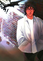 1boy billy_bat black_hair black_pants closed_mouth dark-skinned_male dark_skin hands_in_pockets jacket kevin_goodman non-web_source open_clothes open_jacket pants serious shirt solo white_jacket white_shirt