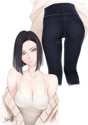 1girl ass black_eyes black_hair breasts camisole cardigan cleavage denim erise highres light_smile looking_at_viewer multiple_views off_shoulder open_cardigan open_clothes original short_hair small_breasts