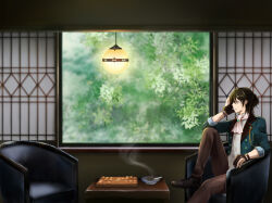 Rule 34 | 1boy, armchair, ascot, ashtray, black gloves, black hair, board game, brown pants, bungou to alchemist, chair, cigarette, closed mouth, commentary request, expressionless, foot out of frame, gloves, green brooch, green jacket, indoors, jacket, kikuchi kan (bungou to alchemist), lamp, looking afar, male focus, open clothes, open jacket, pants, partially fingerless gloves, shirt, shogi, shogi piece, short hair, sitting, solo, souka (seelowe), white ascot, white shirt, window