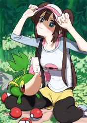 Rule 34 | 1girl, adjusting clothes, adjusting headwear, bag, black pantyhose, blue eyes, blush, breasts, brown hair, closed mouth, double bun, gen 5 pokemon, hair bun, head tilt, highres, impossible clothes, long hair, long sleeves, looking at viewer, nintendo, oekakikujira, outdoors, pantyhose, plant, poke ball, pokemon, pokemon (creature), pokemon bw2, rosa (pokemon), shirt, shoes, shorts, shoulder bag, sitting, small breasts, smile, snivy, solo, twintails, visor cap, wariza, yellow shorts