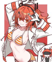1girl \m/ a.i._voice absurdres adachi_rei arms_up bikini breasts collarbone grin hair_between_eyes hair_ornament head-mounted_display headphones headset highres jacket long_sleeves looking_at_viewer medium_breasts multiple_views navel noir_(noire6959) open_clothes open_jacket orange_bikini orange_eyes red_hair short_hair side_ponytail smile striped_bikini striped_clothes swimsuit teeth utau white_bikini white_jacket
