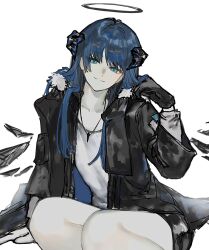 arknights arknights_yuu12 arm_support asymmetrical_gloves bare_legs black_gloves black_halo black_jacket black_shorts black_wings blue_eyes blue_hair collarbone energy_wings feet_out_of_frame fur-trimmed_hood fur_trim gloves grey_gloves halo hand_up head_tilt highres hood hooded_jacket jacket jewelry light_blush light_smile long_hair long_sleeves looking_at_viewer mismatched_gloves mostima_(arknights) open_clothes open_jacket pendant shirt short_shorts shorts sidelocks simple_background sitting swept_bangs traditional_halo twirling_hair white_background white_shirt wide_sleeves wings