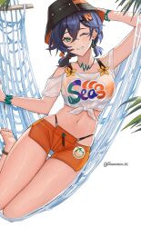 1girl absurdres barefoot belle_(zenless_zone_zero) bikini blue_hair breasts closed_mouth green_eyes hair_ornament highleg highleg_bikini highres letter_hair_ornament looking_at_viewer medium_breasts muramasa_dash official_alternate_costume orange_bikini orange_shorts see-through_clothes see-through_shirt shirt short_hair shorts smile solo swimsuit tied_shirt zenless_zone_zero