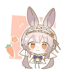 1girl :3 animal_ears arknights carrot chi_nata closed_mouth commentary grey_hair long_hair orange_eyes rabbit_ears rabbit_girl solo symbol-only_commentary warmy_(arknights)
