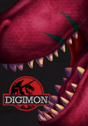 digimon dinosaur horns jurassic_park open_mouth parody sharp_teeth skeleton skullgreymon teeth tyranomon
