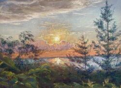 Rule 34 | cloud, cloudy sky, grass, hokkaido, horizon, morning, nature, no humans, norako pastel, ocean, original, outdoors, painting (medium), pastel (medium), plant, reflection, reflective water, sky, sun, sunrise, traditional media, tree