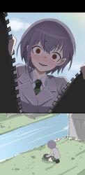 Rule 34 | 1girl, absurdres, bag, bang dream!, bang dream! it&#039;s mygo!!!!!, grass, green necktie, green skirt, green socks, grey hair, haneoka school uniform, heart, hiding, highres, long sleeves, looking inside, necktie, open mouth, river, rock, school uniform, short hair, shoulder bag, skirt, socks, solo, takamatsu tomori, yzj21333