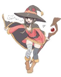 Rule 34 | 1girl, asymmetrical legwear, bandaged leg, bandages, belt, belt buckle, black cape, black thighhighs, blush, boots, brown eyes, brown hair, buckle, cape, cape lift, dress, flat chest, full body, glassesman, gold trim, hat, heart, highres, holding, holding staff, kono subarashii sekai ni shukufuku wo!, leather, leather boots, long sleeves, mage staff, megumin, mismatched legwear, open mouth, red dress, short dress, short hair with long locks, sidelocks, simple background, single thighhigh, smiley face, solo, staff, thighhighs, white background, witch hat, zettai ryouiki