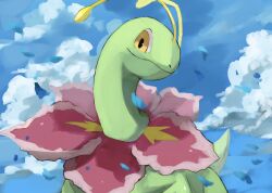 Rule 34 | antennae, blue sky, closed mouth, cloud, colored skin, gen 2 pokemon, green skin, highres, kou11021301, looking at viewer, meganium, nintendo, no humans, pokemon, pokemon (creature), pokemon focus, sky, smile, solo, yellow eyes