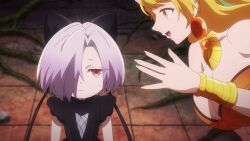 2girls animated anime_screenshot bandeau bare_shoulders black_dress black_ribbon blonde_hair bouncing_breasts bracelet breasts ciel_(kizetsu_yuusha) cleavage collarbone dress earrings goa_(kizetsu_yuusha) hair_over_one_eye hair_ribbon highres jewelry kizetsu_yuusha_to_ansatsu_hime large_breasts multiple_girls orange_eyes orange_hair red_eyes ribbon short_hair sound tagme video white_hair