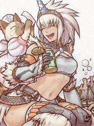 1girl :d ^_^ arm_belt bandages belt belt_buckle black_belt black_hairband breasts buckle cat closed_eyes dress eyelashes felyne fur_trim furrowed_brow grey_hair hair_between_eyes hairband hat horn_hairband khezu_(armor) kirin_(armor) long_hair medium_breasts midriff monkey monster_hunter_(character) monster_hunter_(series) navel nurse_cap open_mouth orange_belt paw_print pink_lips puffy_short_sleeves puffy_sleeves rajang short_sleeves sitting smile squeans strapless tanabanata teeth thighhighs tube_top upper_teeth_only white_dress white_hat white_tube_top zzz