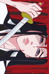 1girl black_hair bleach blood blood_on_face blue_eyes closed_mouth collarbone furrowed_brow highres holding holding_sword holding_weapon japanese_clothes katana kimono long_hair looking_at_viewer parted_bangs pink_lips red_background solo straight_hair strikek-lvvjm27 sword unohana_retsu upper_body weapon white_kimono