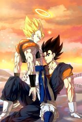 2boys abs black_eyes black_vest black_wrist_cuffs blonde_hair blue_dougi blue_eyes blue_pants blue_sash blue_shirt boots cloud cloudy_sky collarbone cropped_vest dougi dragon_ball dragon_ball_super dragon_ball_super_broly earrings foot_out_of_frame gloves gogeta halo hand_on_another&#039;s_ass jewelry kneeling looking_at_viewer looking_back loose_hair_strand male_focus medium_hair metamoran_vest multiple_boys muscular muscular_male no_shirt on_ground open_clothes open_vest orange_sky orange_undershirt outdoors pants pectoral_cleavage pectorals potara_earrings sash shirt shirtless_male short_sleeves simple_background sitting sky sleeveless smile sparkle spiked_hair super_saiyan trait_connection undershirt vegetto vest white_boots white_gloves white_pants wrist_cuffs yaoi
