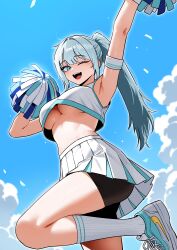 1girl absurdres arm_up armband armpits bare_shoulders bike_shorts black_shorts blue_eyes blue_sky breasts cheerleader cloud commentary_request commission crop_top crop_top_overhang highres holding holding_pom_poms kneehighs korean_commentary large_breasts leg_up long_hair looking_at_viewer midriff mr_tangsuyuk one_eye_closed open_mouth original pleated_skirt pom_pom_(cheerleading) pom_poms ponytail shirt shoes shorts shorts_under_skirt skirt sky sleeveless sleeveless_shirt smile sneakers socks solo underboob white_hair white_shirt white_shoes white_skirt white_socks