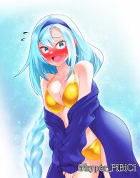 1girl @_@ artist_name artmagia_finemelt bare_shoulders bikini blue_coat blue_eyes blue_hair blush braid breasts cleavage coat duel_monster embarrassed gold_bikini highres large_breasts long_hair looking_at_viewer off_shoulder open_mouth p-b-c_(dark_matter_kakine) solo swimsuit twitter_username very_long_hair yu-gi-oh!