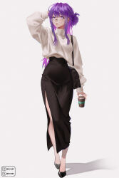 absurdres arm_up bag breasts casual clothing_cutout coffee colored_inner_hair commentary cup disposable_coffee_cup disposable_cup english_commentary fern_(sousou_no_frieren) full_body glass hair_between_eyes handbag highres instagram_logo instagram_username izei1337 large_breasts long_hair multicolored_hair narrow_waist shirt_tucked_in side_cutout sidelocks simple_background sousou_no_frieren sweater sweater_tucked_in turtleneck turtleneck_sweater twitter_username white_background