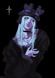 1girl absurdres black_background black_nails cross gothic_lolita highres jewelry lolita_fashion long_hair looking_to_the_side nail_polish neck_ribbon neck_ring night_vision_device original peinlike red_eyes ribbon simple_background solo white_hair