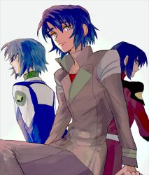 Rule 34 | 1boy, athrun zala, blue hair, blue jacket, green eyes, gundam, gundam seed, jacket, long sleeves, looking at viewer, male focus, military uniform, multiple views, red jacket, she (morianosu), short hair, simple background, smile, solo focus, white background, white jacket, zaft uniform