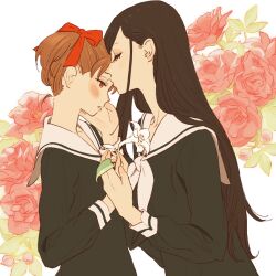 2girls 55bata6rou black_hair black_shirt blush brown_eyes brown_hair closed_eyes face-to-face floral_background flower from_side fukuzawa_yumi hair_ribbon hand_on_another&#039;s_cheek hand_on_another&#039;s_face highres holding holding_flower kiss kissing_forehead lillian_girls&#039;_academy_school_uniform long_hair long_sleeves looking_at_another maria-sama_ga_miteru multiple_girls parted_lips profile red_flower red_ribbon red_rose ribbon rose sailor_collar school_uniform serafuku shirt short_hair toudou_shimako twintails upper_body white_lily white_sailor_collar yuri