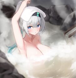 1girl absurdres black_hairband blush breasts dana_(hapong07) firefly_(honkai:_star_rail) gradient_hair green_pupils grey_hair hair_between_eyes hair_intakes hair_ornament hairband highres honkai:_star_rail honkai_(series) in_water large_breasts long_hair multicolored_eyes multicolored_hair nude open_mouth ponytail rock solo teeth towel towel_on_head water wet