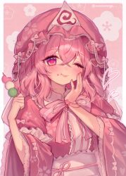 1girl absurdres alternate_costume blush bow cherry_blossom_print cherry_blossoms closed_mouth commentary crossed_bangs dango floral_background floral_print food food_on_face frilled_sleeves frills hair_between_eyes hand_on_own_cheek hand_on_own_face hat heart highres holding holding_food japanese_clothes kimono long_sleeves looking_at_viewer medium_hair mob_cap obi obijime one_eye_closed pink_background pink_bow pink_eyes pink_hair pink_hat pink_kimono pink_nails pink_sash qiu_ju saigyouji_yuyuko sanshoku_dango sash skewer solo touhou triangular_headpiece twitter_username upper_body wagashi wide_sleeves