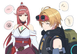 1boy 1girl ahoge bare_shoulders blonde_hair breasts chest_jewel cleavage closed_eyes commentary_request core_crystal_(xenoblade) criss-cross_halter detached_sleeves glimmer_(xenoblade) halterneck high_ponytail highres japanese_clothes kimono large_breasts long_hair nikol_(xenoblade) obi ponytail red_hair sash shinae short_hair smile swept_bangs tsundere white_kimono wide_sleeves xenoblade_chronicles_(series) xenoblade_chronicles_3 xenoblade_chronicles_3:_future_redeemed