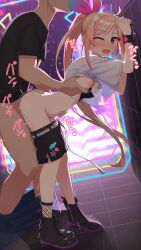 1boy 1girl absurdres ass blonde_hair blue_eyes boots breasts concert cum cum_in_pussy cumdrip doggystyle grabbing_another&#039;s_breast groping happy_sex hetero highres kizuna_ai kizuna_ai_(musician) kizuna_ai_inc. long_hair medium_breasts multicolored_hair official_alternate_costume organ_rn ponytail sex sex_from_behind shorts streaked_hair very_long_hair virtual_youtuber wristband