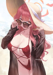1girl :d aru_(blue_archive) beach black-framed_eyewear blue_archive breasts brown_hat collarbone commentary_request guchico halo hat large_breasts long_hair long_sleeves looking_at_viewer navel o-ring o-ring_swimsuit open_mouth pink_hair red_eyes red_hair red_halo red_slingshot_swimsuit slingshot_swimsuit smile solo straw_hat sunglasses swimsuit thighs