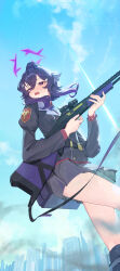 1girl absurdres black_jacket black_skirt blue_archive blue_sky blush day fabarm_fp6 from_below garrison_cap gun hair_ornament hairclip halo haruka_(blue_archive) hat highres holding holding_gun holding_weapon jacket long_sleeves medium_hair nefula14 open_mouth outdoors pump_action purple_eyes purple_hair purple_halo shotgun skirt sky solo sweat thighs weapon
