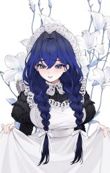 absurdres apron blue_eyes blue_hair blush bow braid eyelashes fingernails flower hair_intakes headdress highres hololive hololive_english lips long_hair looking_at_viewer maid maid_apron maid_headdress ouro_kronii parted_lips tuffi-chan upper_body virtual_youtuber white_apron white_background white_bow white_flower white_headdress