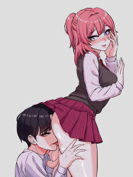 1boy 1girl ass black_eyes black_hair black_vest blue_eyes blush breasts collared_shirt eyebrows_hidden_by_hair eyes_visible_through_hair gangchan_(someone_stop_her) grabbing_another&#039;s_thighs half_updo hand_on_another&#039;s_thigh hand_on_own_face highres joonibell large_breasts lena_(someone_stop_her) licking_ass licking_thigh looking_at_another medium_hair miniskirt necktie orange_eyes red_necktie red_skirt school_uniform shirt skirt smile someone_stop_her squeezing standing teeth thighs tongue tongue_out vest white_background white_shirt