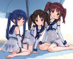 3girls bikini blue_bikini blue_hair blush brown_eyes brown_hair detached_sleeves flat_chest frilled_thigh_strap highres idolmaster idolmaster_cinderella_girls jia_wenyuan long_hair looking_at_viewer multiple_girls ogata_chieri orange_eyes red_eyes sailor_collar sajo_yukimi see-through_clothes smile sunlight swimsuit tachibana_arisu thigh_strap twintails